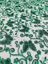 Metallic Lace Fabric - Embroidered Butterfly Vines With Sequins, 54" Width (1 Yard)