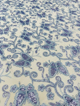 Metallic Lace Fabric - Embroidered Butterfly Vines With Sequins, 54" Width (1 Yard)