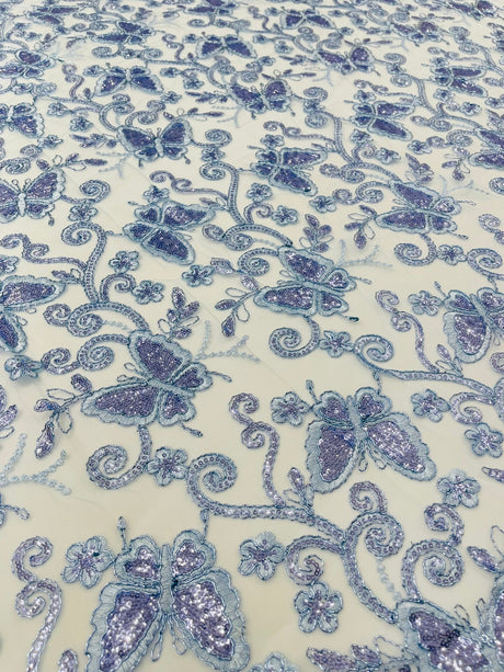 Metallic Lace Fabric - Embroidered Butterfly Vines With Sequins, 54" Width (1 Yard)