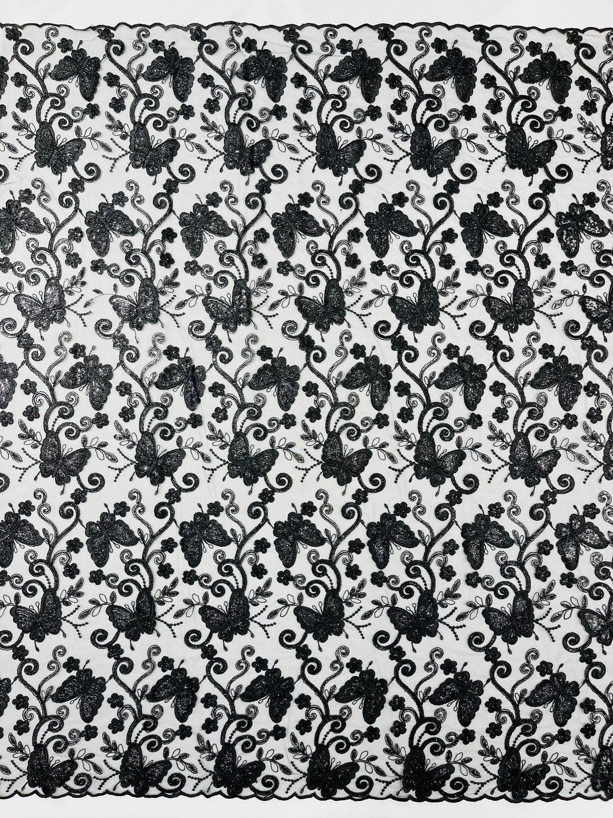 Metallic Lace Fabric - Embroidered Butterfly Vines With Sequins, 54" Width (1 Yard)