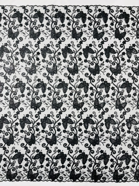 Metallic Lace Fabric - Embroidered Butterfly Vines With Sequins, 54" Width (1 Yard)