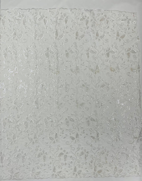 Metallic Lace Fabric - Embroidered Butterfly Vines With Sequins, 54" Width (1 Yard)