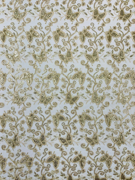 Metallic Lace Fabric - Embroidered Butterfly Vines With Sequins, 54" Width (1 Yard)