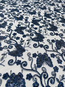Metallic Lace Fabric - Embroidered Butterfly Vines With Sequins, 54" Width (1 Yard)