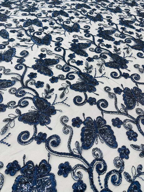 Metallic Lace Fabric - Embroidered Butterfly Vines With Sequins, 54" Width (1 Yard)