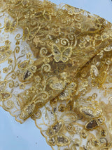 Metallic Lace Fabric - Embroidered Butterfly Vines With Sequins, 54" Width (1 Yard)