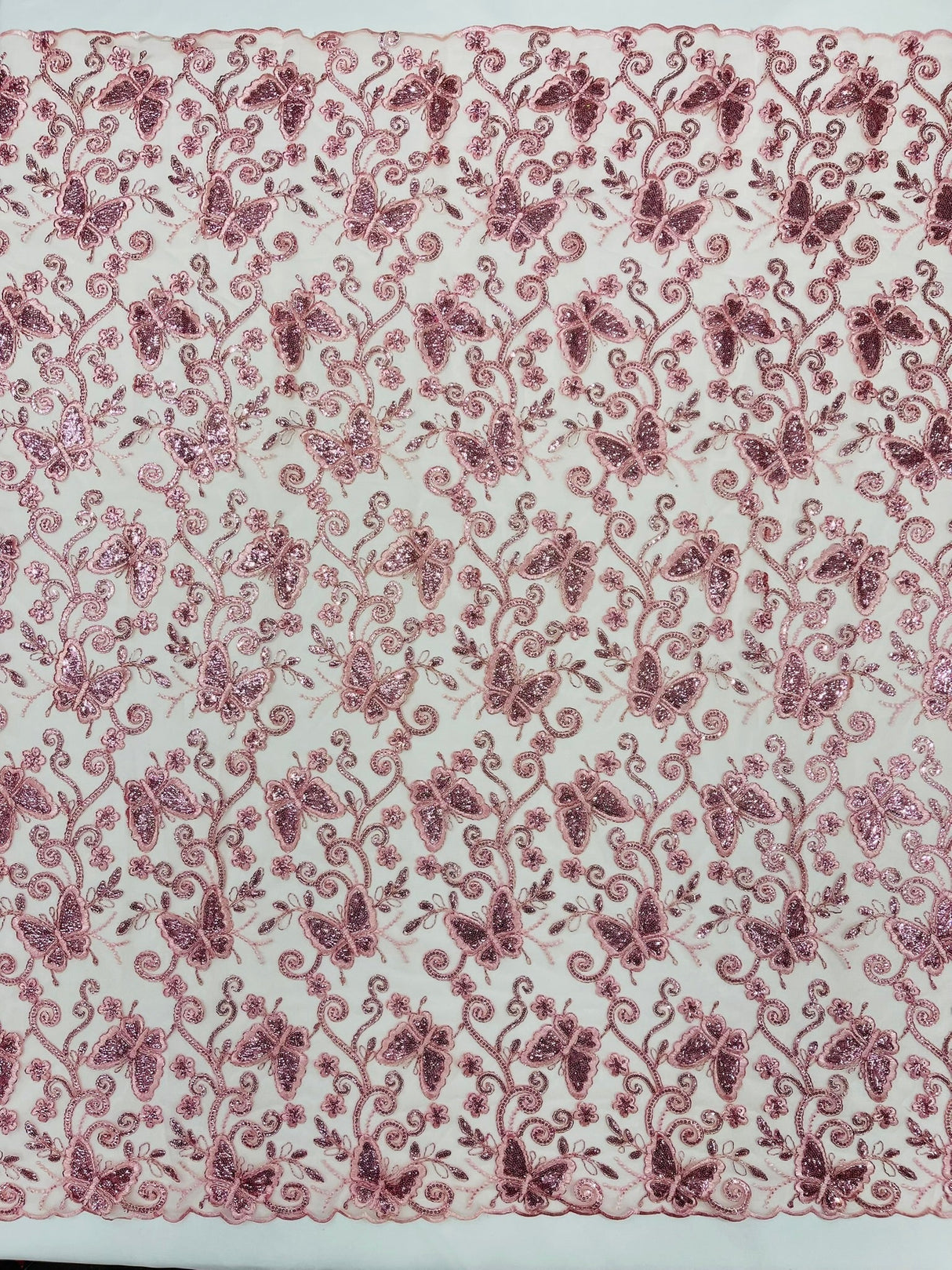 Metallic Lace Fabric - Embroidered Butterfly Vines With Sequins, 54" Width (1 Yard)