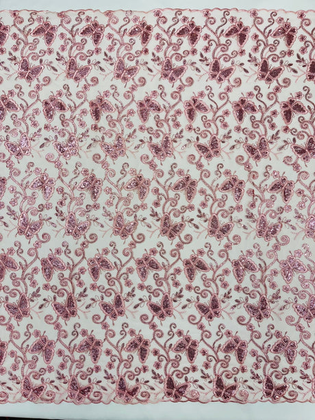 Metallic Lace Fabric - Embroidered Butterfly Vines With Sequins, 54" Width (1 Yard)