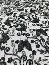 Metallic Lace Fabric - Embroidered Butterfly Vines With Sequins, 54" Width (1 Yard)