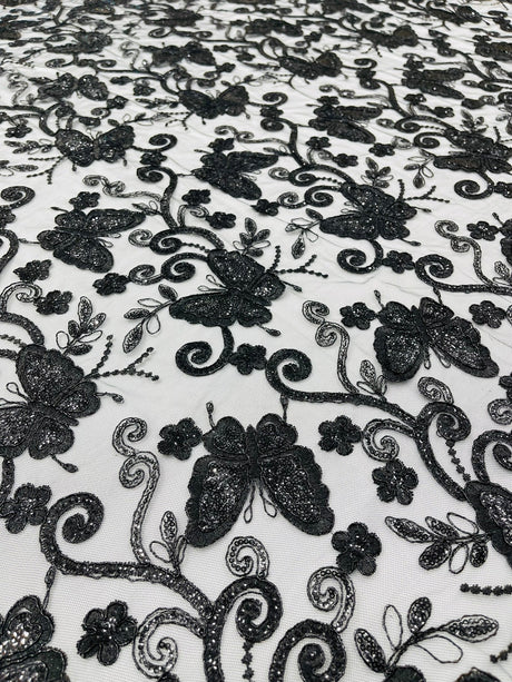 Metallic Lace Fabric - Embroidered Butterfly Vines With Sequins, 54" Width (1 Yard)