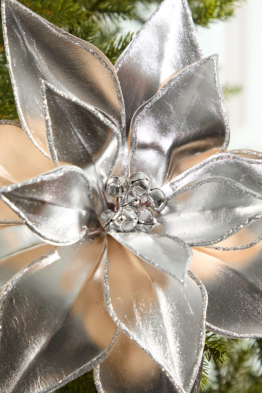 24" Silver Retro Poinsettia Stem with Jingle Bells
