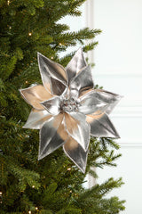 24" Silver Retro Poinsettia Stem with Jingle Bells