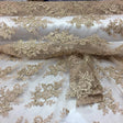 Metallic Gold Sequin Lace Fabric With Embroideries On Mesh - Metallic Gold, Embroidered Mesh, 54" Width