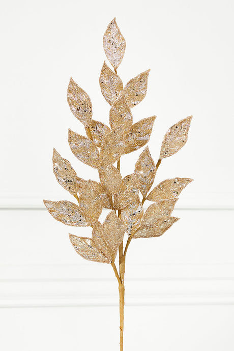 29" Micro Beaded/Sequins Bay Leaf Spray - Champagne/Gold
