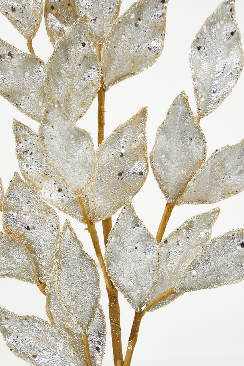 Platinum Beaded Bay Leaf Spray 29 Inch Glitter Christmas Decor