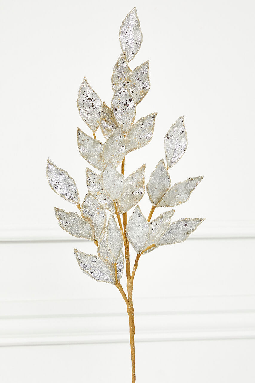 Platinum Beaded Bay Leaf Spray 29 Inch Glitter Christmas Decor