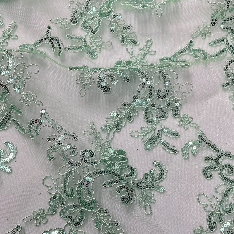 Elena's Lace Polyester Lace Fabric - Mint Green Corded Mesh Embroidered With Sequins, Double Scalloped Edge, 54" Width (1 Yard)