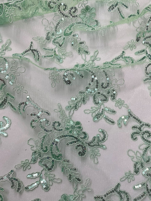 Elena's Lace Polyester Lace Fabric - Mint Green Corded Mesh Embroidered With Sequins, Double Scalloped Edge, 54" Width (1 Yard)