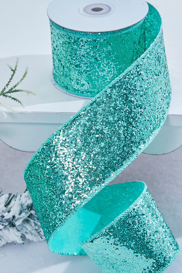 2.5" x 10 Yard Mint Green Glitter Wired Ribbon