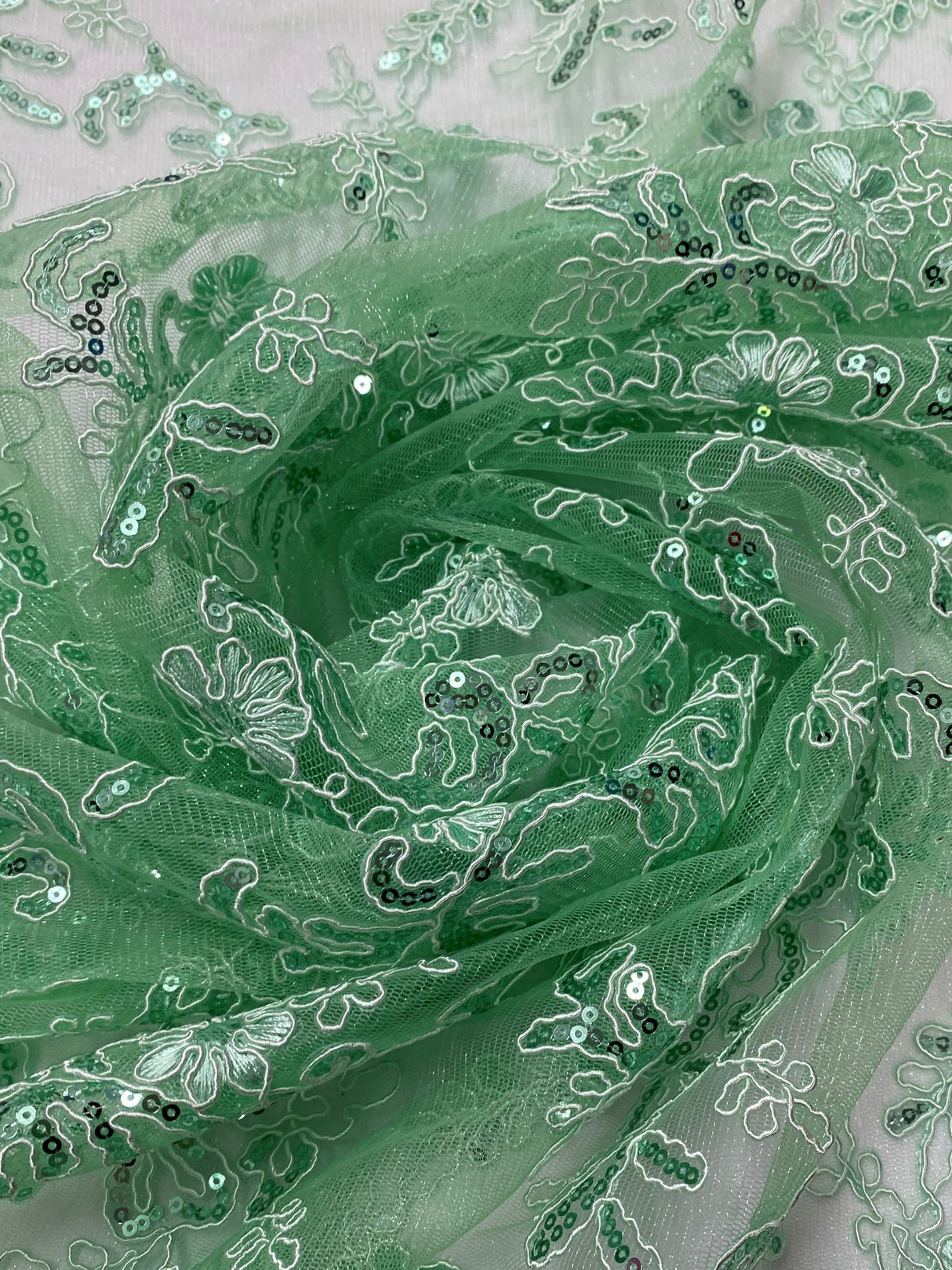 Elena's Lace Polyester Lace Fabric - Mint Green Corded Mesh Embroidered With Sequins, Double Scalloped Edge, 54" Width (1 Yard)