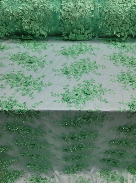 Mint Beaded Lace 3D Floral Embroidered Mesh