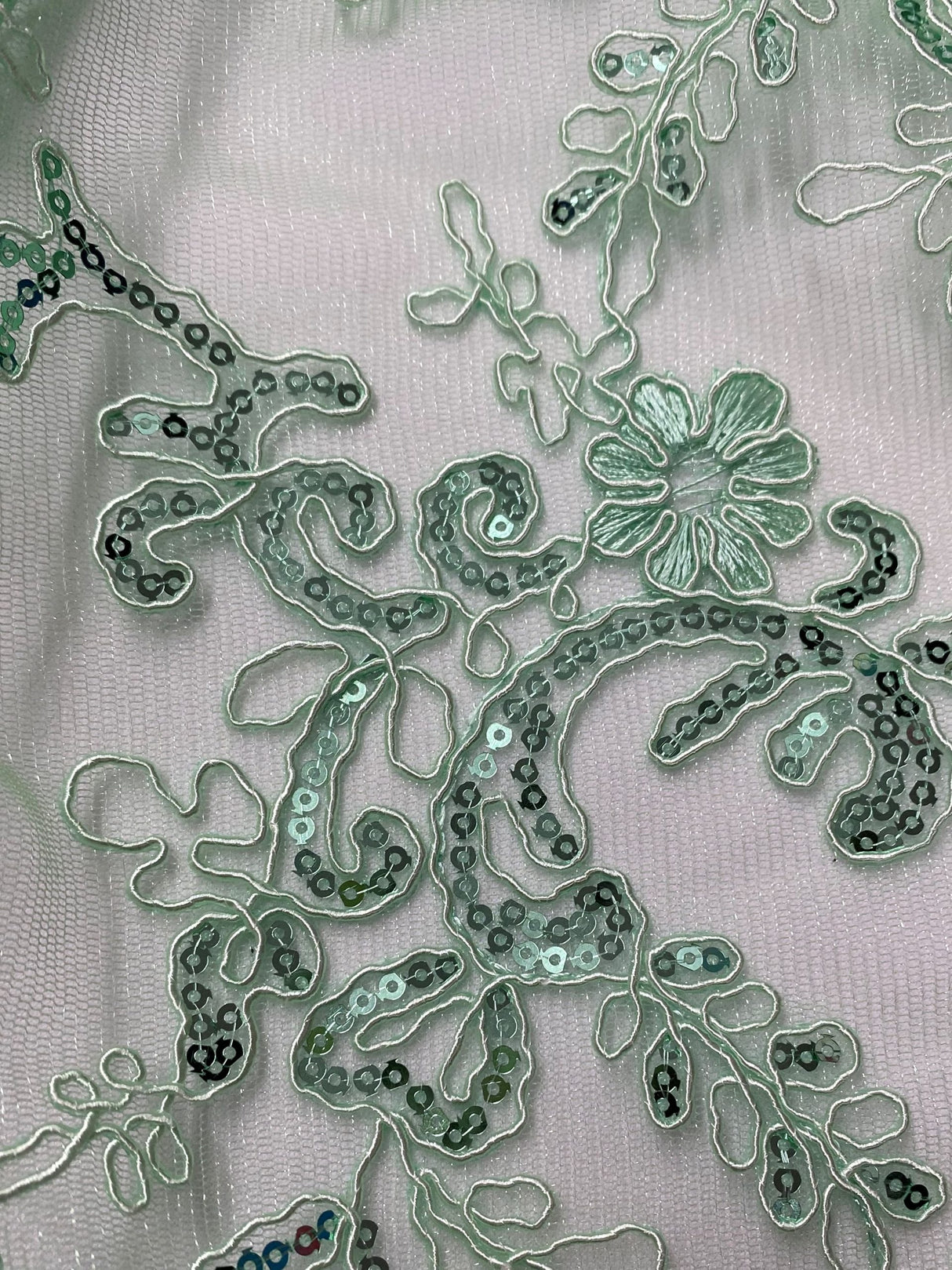Elena's Lace Polyester Lace Fabric - Mint Green Corded Mesh Embroidered With Sequins, Double Scalloped Edge, 54" Width (1 Yard)