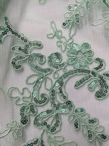 Elena's Lace Polyester Lace Fabric - Mint Green Corded Mesh Embroidered With Sequins, Double Scalloped Edge, 54" Width (1 Yard)