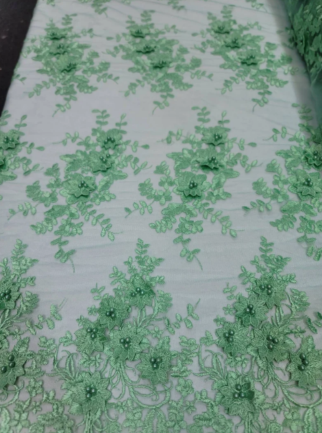 Mint Beaded Lace 3D Floral Embroidered Mesh