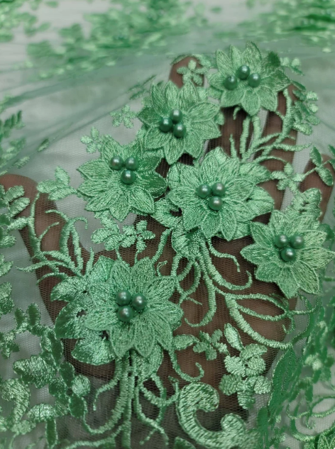 Mint Beaded Lace 3D Floral Embroidered Mesh