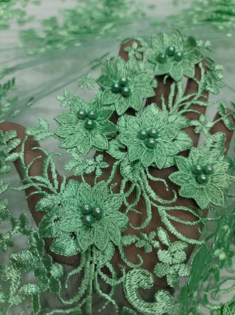 Mint Beaded Lace 3D Floral Embroidered Mesh