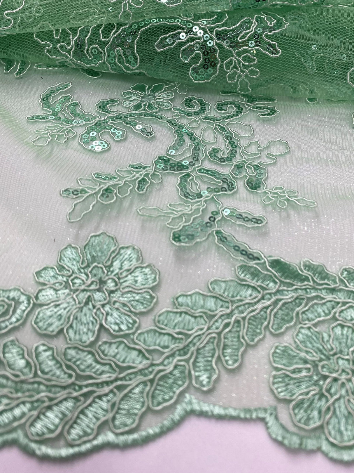 Elena's Lace Polyester Lace Fabric - Mint Green Corded Mesh Embroidered With Sequins, Double Scalloped Edge, 54" Width (1 Yard)