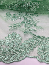 Elena's Lace Polyester Lace Fabric - Mint Green Corded Mesh Embroidered With Sequins, Double Scalloped Edge, 54" Width (1 Yard)