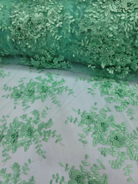 Mint Beaded Lace 3D Floral Embroidered Mesh