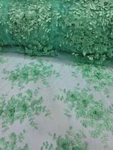 Mint Beaded Lace 3D Floral Embroidered Mesh