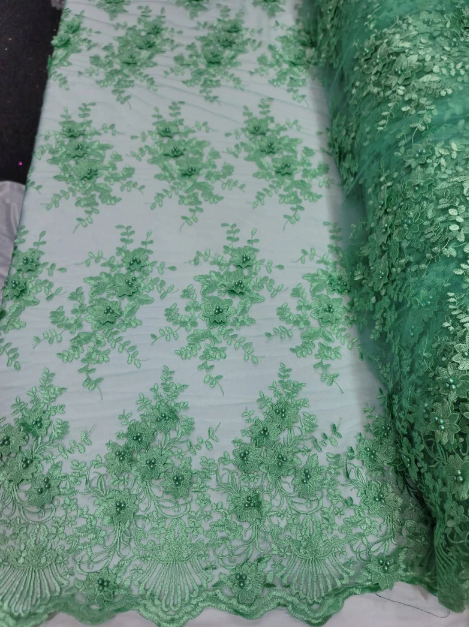 Mint Beaded Lace 3D Floral Embroidered Mesh