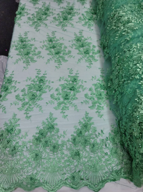 Mint Beaded Lace 3D Floral Embroidered Mesh