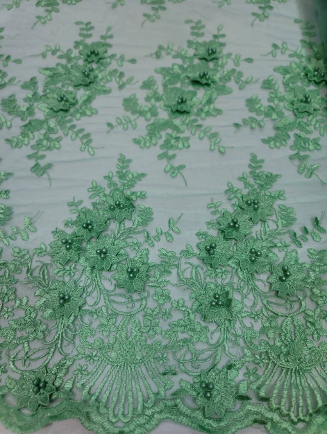 Mint Beaded Lace 3D Floral Embroidered Mesh