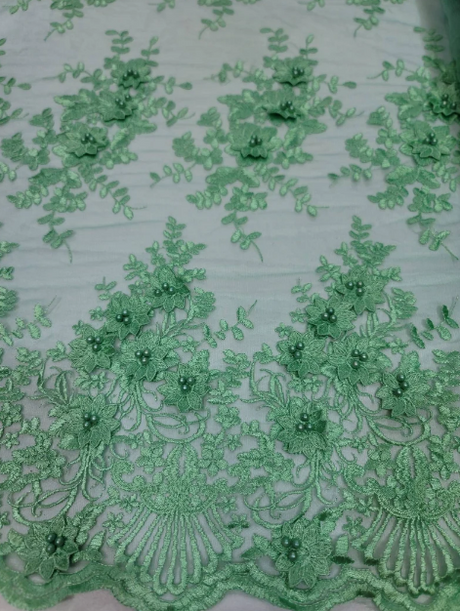 Mint Beaded Lace 3D Floral Embroidered Mesh