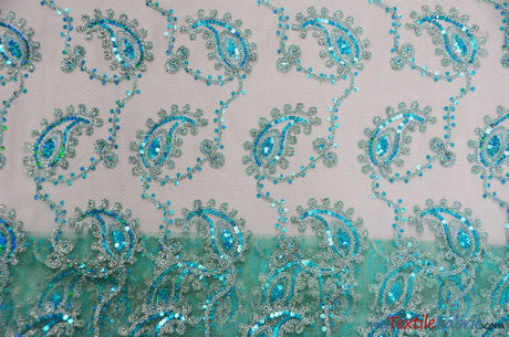 Coco Paisley Polyester Fabric - Sheer Embroidered Paisley, Double Scallop Lace, 52" Width (1 Yard)