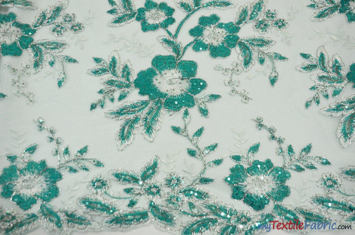 Edith Embroidery Fabric - Two Tone Floral Embroidery, Sheer Tulle, 52" Width, Multiple Colors (1 Yard)