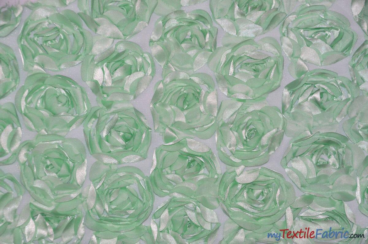 Rosette Satin Bordeaux Polyester Fabric - 3D Floral Satin Embroidered On A Mesh, Bordeaux, 52" Width (1 Yard)