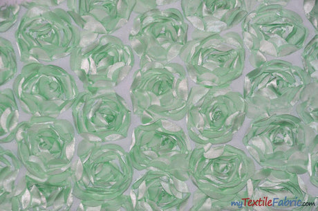 Rosette Satin Bordeaux Polyester Fabric - 3D Floral Satin Embroidered On A Mesh, Bordeaux, 52" Width (1 Yard)