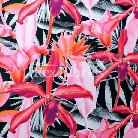 Mish Flora Polyester Spandex Fabric - Floral Print On Black, 58-60" Width (1 Yard)