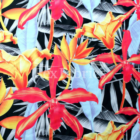 Mish Flora Polyester Spandex Fabric - Floral Print On Black, 58-60" Width (1 Yard)