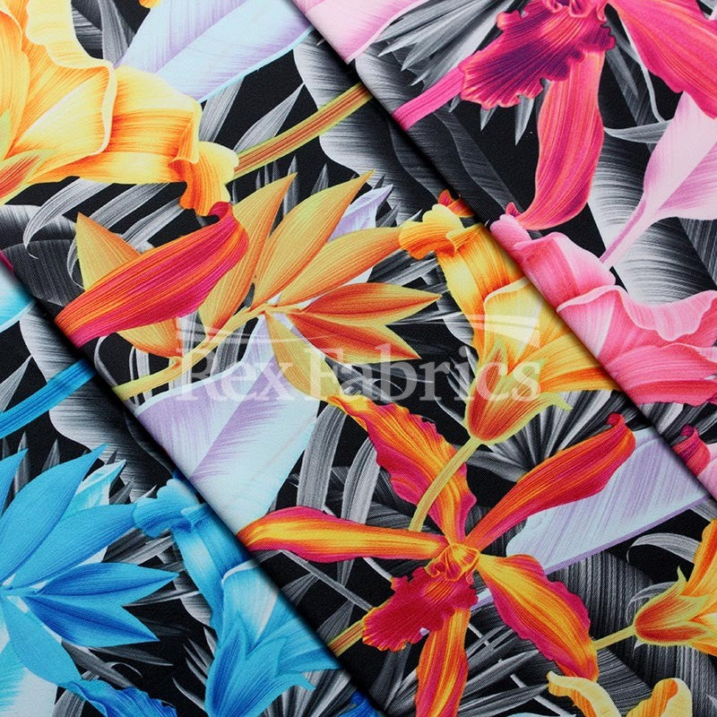 Mish Flora Polyester Spandex Fabric - Floral Print On Black, 58-60" Width (1 Yard)