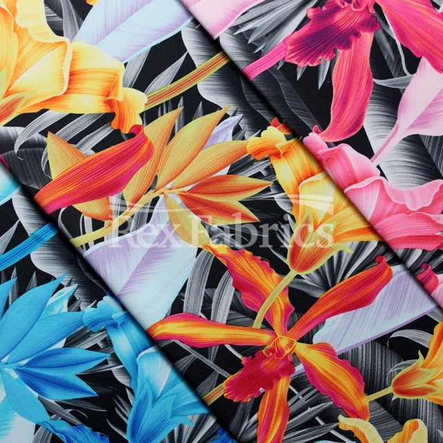 Mish Flora Polyester Spandex Fabric - Floral Print On Black, 58-60" Width (1 Yard)
