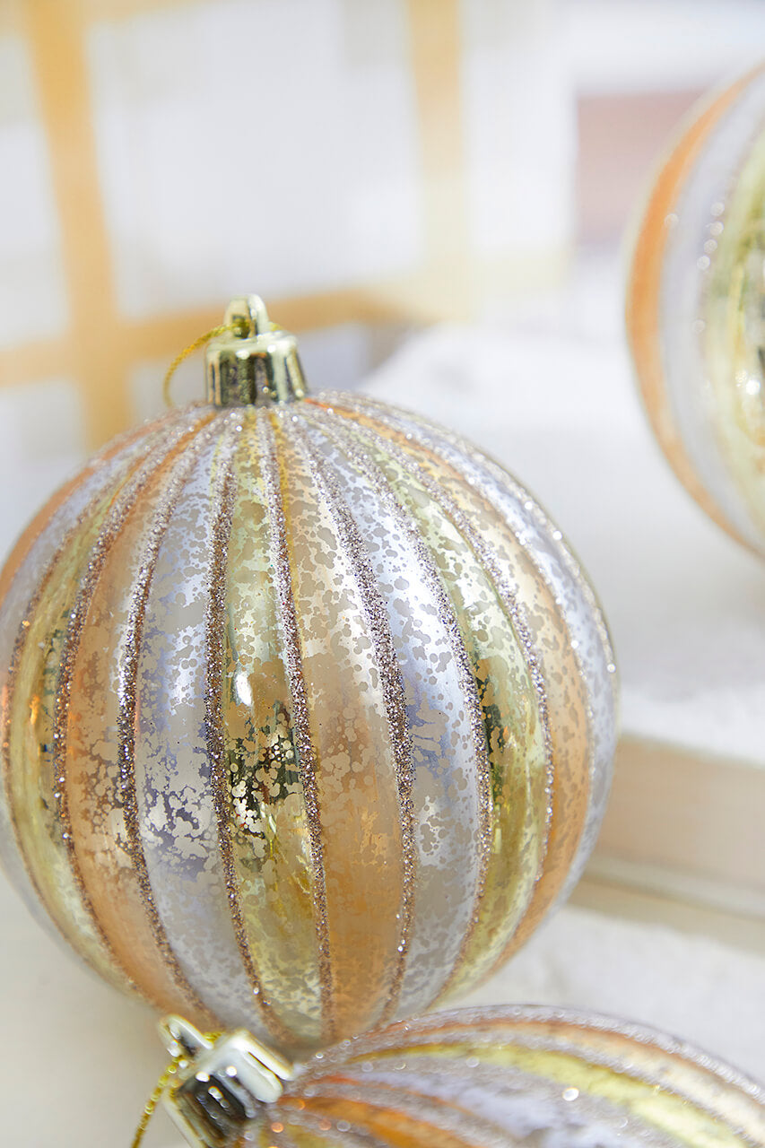 4" Gold/Silver Stripe Mercury Ball Ornament Box - Set of 4
