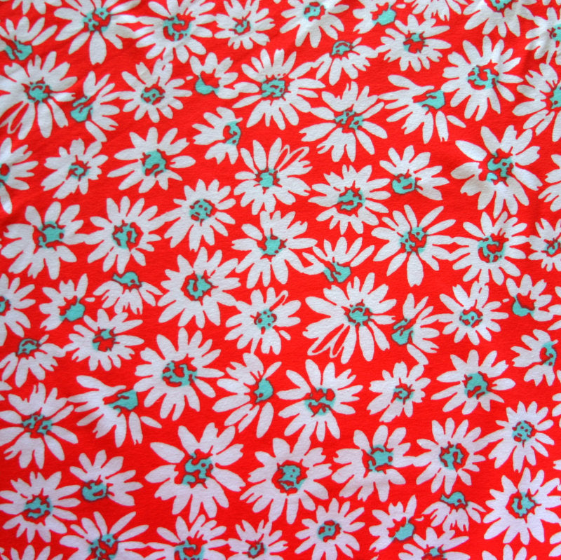 Cotton Lycra Knit Fabric Mod Daisies on Red