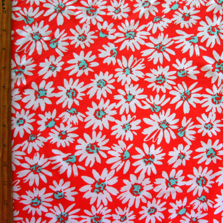 Cotton Lycra Knit Fabric Mod Daisies on Red