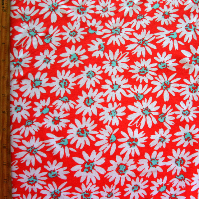 Cotton Lycra Knit Fabric Mod Daisies on Red